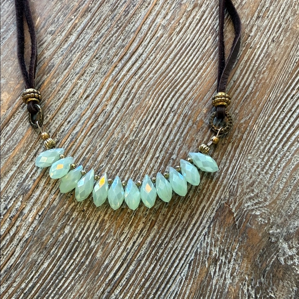 Bohemian Green Beaded Necklace with Brown Suede Cord - Picture 2 of 7